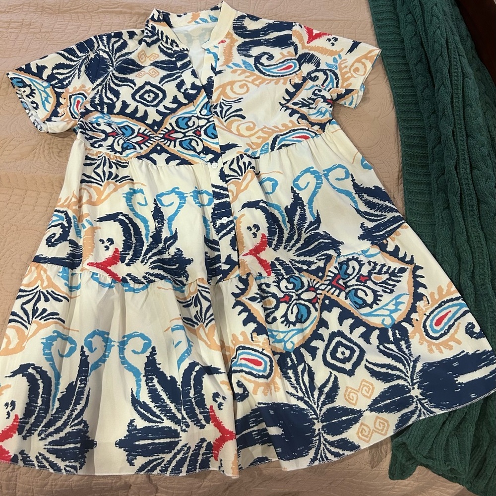 Cream Multicolor Printed Short-Sleeve Dress.  Really comfy.